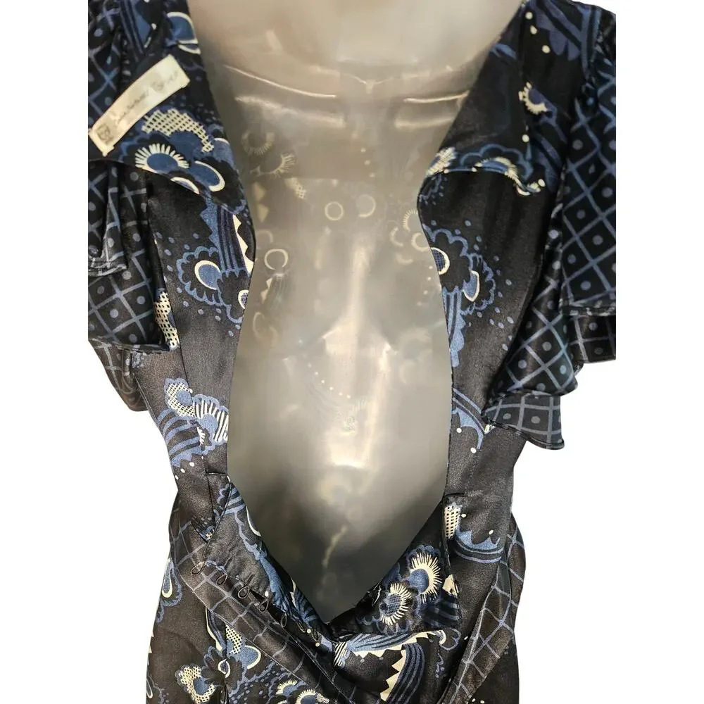 Celia Birdwell Top Shop Blue Floral Dress Vintage Ruffled Open Back Silky Sz 8 - Picture 6 of 13